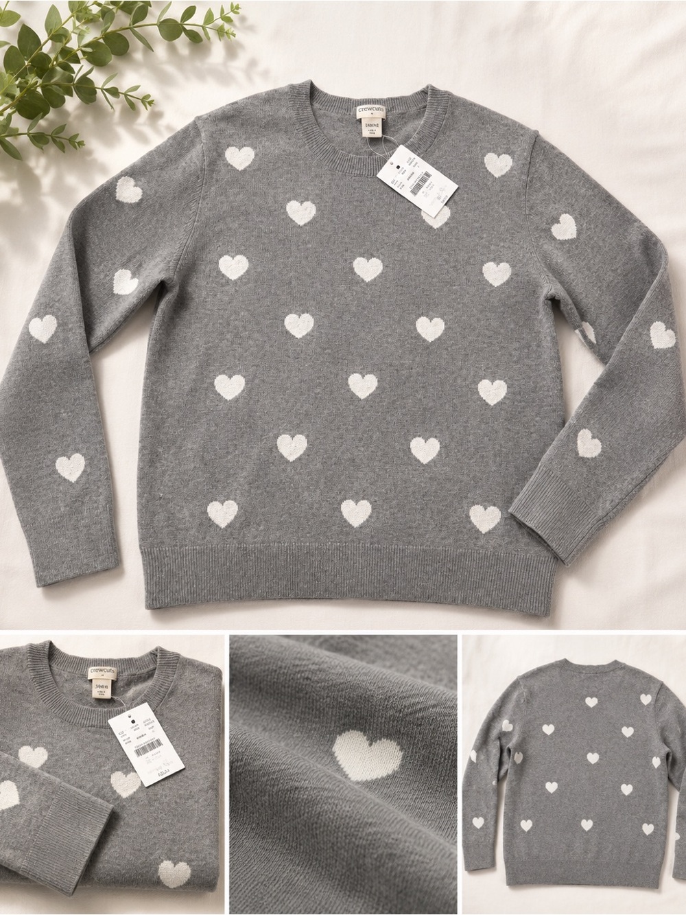 NWT JCREW Crewcuts Gray Crewneck Sweater with White Heart Motif